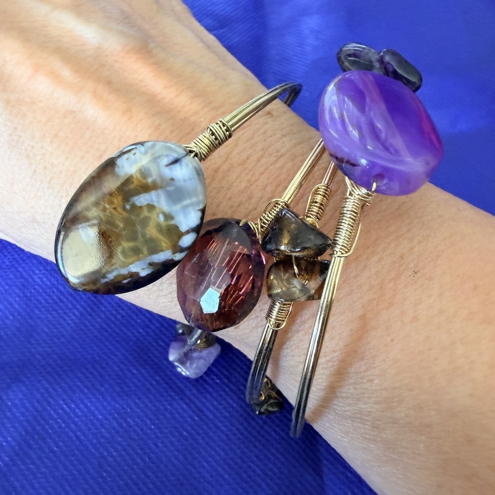 Multicolor Gemstone Set Of 4 Beaded Bangle Bracelet 8" Boho Purple Gold Tone
